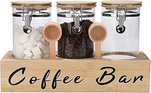 3 x 54 oz Glass Coffee Bean Storage Container with Shelf 3PCS Glass Containers with Airtight Locking Clamp Lid Spoons Coffee Canister Set Jars for Kitchen Food Storage Tea Sugar Wood