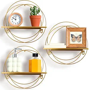 Yaocom 3 Pcs Gold Floating Shelves Wall Mounted Hanging Shelf with Gold Metal Wire and Wood, Foldable Round Shelf Wall Decor for Storage Bedroom Bathroom Living Room Kitchen Office Home Decoration