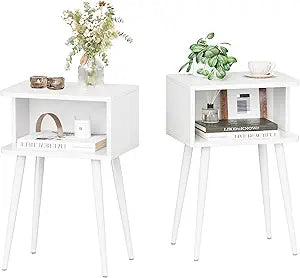 White Nightstand Set of 2, Small Bed Side Table for Small Spaces, Mid Century Modern Nightstand End Table with Open Storage, Side Table for Bedroom Living Room, MLBZ20W-2