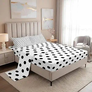 Manfei Black Polka Dots Fitted Sheet Set Full Size 4 Pcs,French Style Dots Cartoon Cute Teens Sheets,Geometric Circles Black White Simple Art Bedding Sets (1 Fitted,1 Flat,2 Pillowcases)