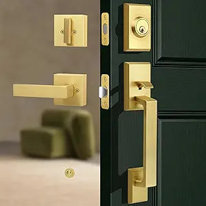 Brushed Gold Front Door Handleset Heavy Duty Gold Door Handle and Deadbolt Lock Set, Square Entry Handle Set with Single Cylinder Deadbolt for Right & Left Handed Doors, Satin Brass