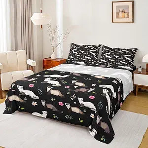Erosebridal Cute Ferret Twin Sheets Pink Cherry Blossoms Bed Set for Girls Women, White Brown Ferrets Bed Sheets Set Chic Flower Floral Sheet Set, Black Green Top Sheet Super Cozy