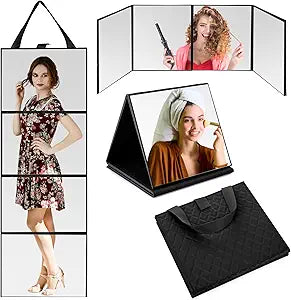 3 Way Foldable Full Length Mirror with Handle Leather 31.89 x 11.22 Inches Portable Hanging Travel Mirror Rectangular for Makeup Dance Home Fitness Spa Hair Styling (Black)