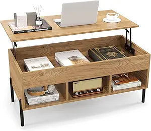 LDAILY Lift Top Coffee Table, Modern Wood Working Dining Table with Hidden Compartment, 3 Storage Shelf, Mid-Century Rectangular Center Table for Living Room, Reception, Apartment, Office