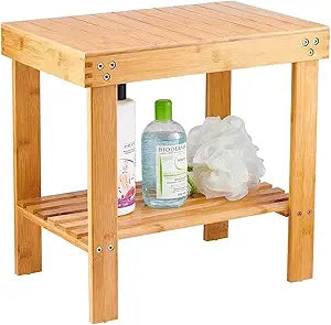 VaeFae Bamboo Shower Bench, Spa Bench Seat Stool, Foot Rest Shaving Stool with Non-Slip Feets and Storage Shelf, Works in Bathroom/Living Room/Bedroom/Garden Leisure