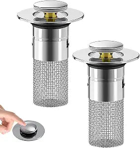 2PCS Bathroom Sink Drain Strainer,Pop Up Sink Drain Stopper Hair Catcher with Removable Stainless Steel Floor Drain Filter Basket,Universal Drain Plug Filter Replacement Bathroom Shower Sink Stopper