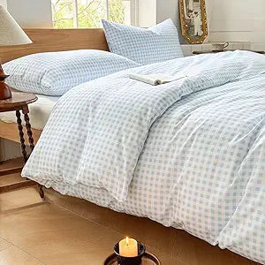NSNLGSGC Light Blue Gingham Cotton Duvet Cover Set Queen, 100% Washed Cotton Plaid Comforter Cover Set, Blue Ultra-Soft & Lightweight Cottage Bedding Set(3PCS, Queen)