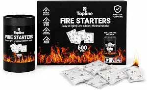Topline Fire Starters 500-Pack Bulk Supply  Waterproof Odorless Fire Starter Sachets for Fireplace, Wood Stove, Charcoal BBQ & Campfire | Quick-Light Firestarter Pouches for Cabins & Cottages