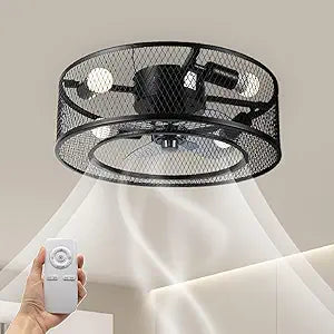 18 Inch Caged Ceiling Fan with Light, Flush Mount Cage Ceiling Fan with Remote Control, Black Enclosed Ceiling Fan Lighting Fixture for Bedroom Living Room Kitchen