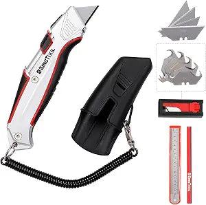 KingTool Self-Retracting Box Cutter with Holster & Belt Clip, Auto Retractable Safety Utility Knife with Total 10PCS SK5 blades, Aaluminum Shell with Rubber Grip, Sturdy & Strong