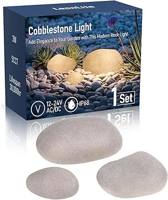 LEONLITE Low Voltage Pebble Shape Lights Outdoor, 5CCT Cobblestone Pathway Lights 3Pcs, LED Decorative Garden Light for Yard, 12-24V AC/DC, 1800K/2700K/3000K/4000K/5000K Selectable, Light Gray