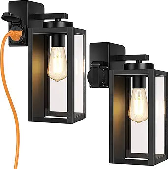 BesLowe 2-Pack Porch Lights Outdoor with UL Certified Outlet, Modern Outdoor Wall Lights Exterior Lighting Fixtures Waterproof, Exterior Wall Sconces Outside Lights for House Front Door Garage, Black