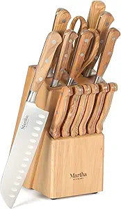 Martha Stewart Austenwood 15-Piece Knife Block Set, German Stainless Steel Kitchen Knives with Forged Italian Olive Wood Handle