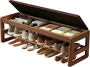 AQIMUELE Shoe Rack Bench,2 Tiers Shoe Bench with Storage with Flip-Top,Wood Shoe Rack for Entryway,HallwayDark Walnut Upholstered Seat,11.8" D x 39.3" W x 15.7" H