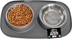 GORILLA GRIP Dog Bowl Set with Slip Resistant Silicone Feeding Mat, 4 Cup, Food Grade 304 Stainless Steel Bowls, BPA Free, High Edge Spill Containment, Dishwasher Safe, Finger Notch Removal, Gray