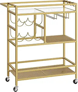MAHANCRIS Bar Cart for Home, 3-Tier Serving Cart with Wheels and Handle, Beverage Cart with Wine Rack and Glass Holders, Rolling Wine Cart for Kitchen, Dining Room, Gold RCJ61B01