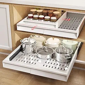 Seinloes Pull Out Cabinet Organizer, 4-Side Expandable to Fit Most Cabinets, 3 Rail Slide Out Drawers with Raising Pad for Framed & Frameless Cabinets, 13"-21" W x 17"-24" D, White, 2 Pack