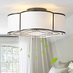 Black Caged Boho Ceiling Fan with Lights, 20" Flush Mount Ceiling Fans with Lights Remote Control, Low Profile Bladeless with 6 Speeds for Bedroom, Nursery, Kitchen