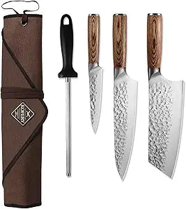 KOFERY 5 Piece Chef Knife Set, High Carbon Stainless Steel Kitchen Knives, Hand Forged Hammered Blades for Meat Cutting and Culinary School, Travel Pouch, Roll Bag, Honing Steel, Block Not Included