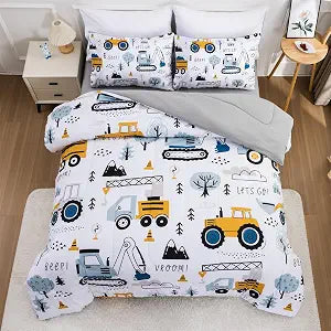 NTBED 5 Pieces Construction Truck Twin Comforter Set for Boys Kids Forest Vehicles Excavator Lightweight Microfiber Bedding Sets
