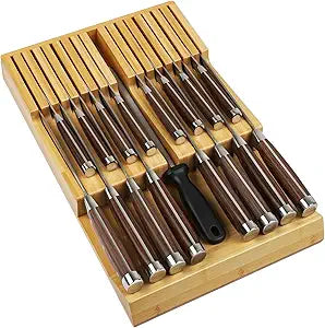 Bamboo Kitchen Drawer Knife Holder, In-drawer Knife Block, Knife Drawer Organizer fit for 16 knives and 1 steel sharpening