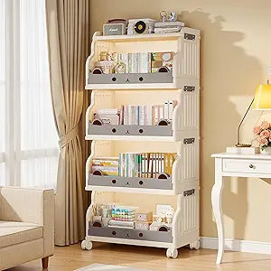 Book Cart with Wheels, 4-Tier Rolling Bookshelf, Durable Folding Bookcase & Portable Storage Shelf, Collapsible Organizer for Home Office Use - Milky White