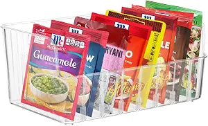 Rainmae Seasoning Packet Organizer with 7 Removable Dividers, Drink Packet Organizer Condiment Storage Caddy for Kitchen Pantry Cabinet Countertop Holds Spice Hot Chocolate Sauce Organization, Clear