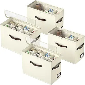 OIAHOMY 4 Pack Shoe Organizer for Closet, Foldable Shoe Storage Bins with Adjustable Dividers, Stackable Oxford Cloth Sneaker Boxes for Entryway Bedroom, Fits Up to 32 Pairs, Beige