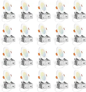 Amico 20 Pack 4 Inch 5CCT Ultra-Thin LED Recessed Ceiling Light with Junction Box, 2700K/3000K/3500K/4000K/5000K Selectable, 11W Eqv 70W, Dimmable Can Light, 800LM High Brightness Downlight - ETL