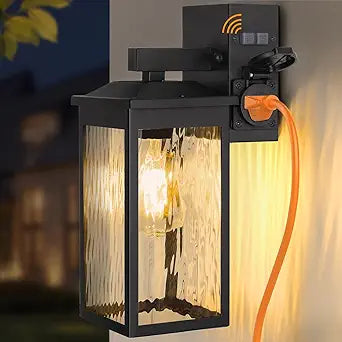 Porch Lights with GFCI Outlet, Dusk to Dawn Outdoor Wall Lighting with Water Rippled Glass Shade, Waterproof Exterior Light Fixture Black Outside Lights for House Front Door Garage Patio (E26 Base)