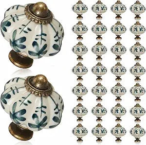 Wenqik 30 Pcs Ivory Pumpkin Knobs, Vintage Ceramic Cabinet Knobs, Ceramic Drawer Pulls, Dresser Handles with Mounting Screws (Green)