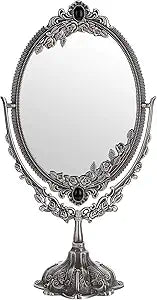 JUXYES Metal Tabletop Antique Decorative Makeup Mirror with Stand, Vintage Swivel Double Sided Cosmetic Mirror with Frame, Retro Desktop Oval Dressing Mirror for Bathroom Bedroom