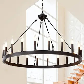 Black Wagon Wheel Chandelier 40 inch,20-Light Farmhouse Wagon Wheel Chandeliers Round Industrial Ceiling Light fixtures for Porch high Ceilings Living Dining Room Foyer Entryway