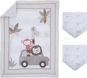 Little Love by NoJo Jungle Ride Grey, White and Brown, Monkey, Giraffe and Lion 3 Piece Nursery Mini Crib Bedding Set - Comforter, Two Fitted Mini Crib Sheets