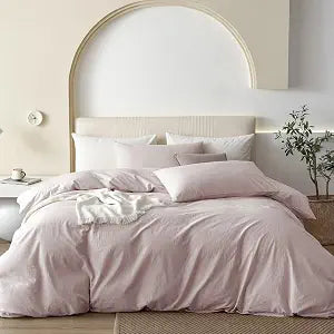 JIYUAN Queen Size Duvet Cover Set, 3-Piece - 100% Washed Cotton, Linen-Like Soft & Breathable with Zipper Closure, Includes 90x90 Inch Cover & 2 Pillowcases, Heathered Greyish Pink
