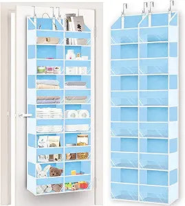 Over The Door Organizer 6 Tiers, Extra Large Behind Door Storage of 12 Compartments, 80 lbs Weight Capacity Hanging Storage Organizer with Clear Window Kids Toys,Shoes,Diapers,Room Storage,Blue