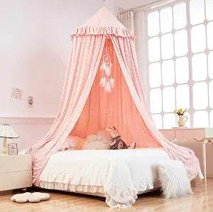 Mengesi Bed Canopy with Pom Pom- Lace Chiffon Canopy Bed Curtains, Double Ruffles Princess Reading Nook Beige Pink Style Play Tent for Girls Room
