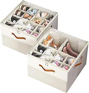 Shoe Organizer for Closet,2 Pack Foldable Shoe Storage Organizer Box Bin with Adjustable Dividers and Clear Cover, Fits up to 16-32 PairsBeige