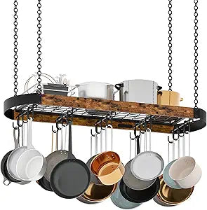 CHOEZON 39.4-Inch Hanging Pot Rack, Space-Saving Pot Hanger for Kitchen, Ceiling Pan Hanging Rack with 16 Detachable S Hooks, Sturdy Metal Frame, Industrial Style, Rustic Brown and Black TPR10BF
