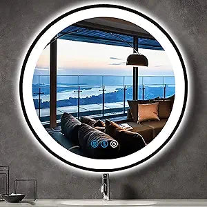 24 Inch Black Frame Round LED Bathroom Mirror with Lights 3 Color Dimmable Smart Memory Front Light Black Round Lighted Vanity Mirror for Bathroom Wall Circle LED Light up Mirrors AntiFog