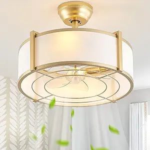 20" Gold Fandelier Ceiling Fans with Lights, Boho Rattan Ceiling Fan with Light Remote Control, Caged Mid-Century Modern with 6 Speeds for Bedroom, Nursery, Living Room