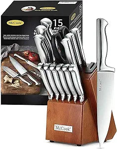 McCook Knife Sets, German Stainless Steel Kitchen Knife Block Sets with Built-in Sharpener, 15 Piece Chef Knife and More, Razor Sharp, Restaurant Grade, Anti-Rust, Elegant Box for Gift