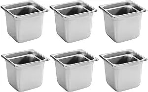 New Star Foodservice 1/6 Size Stainless Steel Steam Table Pan, 7.0 x 6.4 x 6.0 Inches, 18/8 Stainless Steel, 24 Gauge, NSF Certified (Set of 6)