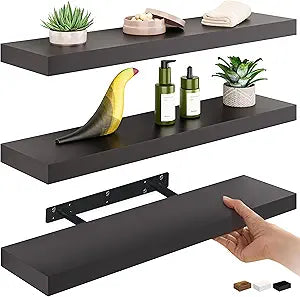Ballucci Floating Shelves for Wall, 24" Wood Wall Mount Shelf Set of 3, Invisible Brackets Floating Shelf for Decor Living Room, Bathroom, Bedroom, Kitchen, 6" Depth, Black
