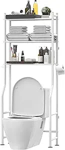 Livilord 3-Tier Over The Toilet Storage, Freestanding Metal Bathroom Shelves with 4 Hooks, Over Toilet Storage Shelf with Paper Holder, Above The Toilet Shelf for Bathroom Storage, White