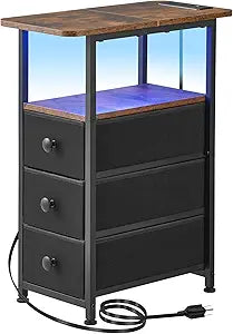 DALEMHOME Narrow End Table with Charging Station, Narrow Side Table with Drawer, Small Nightstand with LED Light, Skinny Nightstand, Small Bedside Table for Living Room, Bedroom, Couch, Rustic Brown