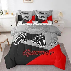 Feelyou Gamer Comforter Set with Sheets for Boys Teens Gaming 7 Piece Bedding Set Full Size Video Game Contoller Home Bed in a Bag Decor for Kids Bed Set