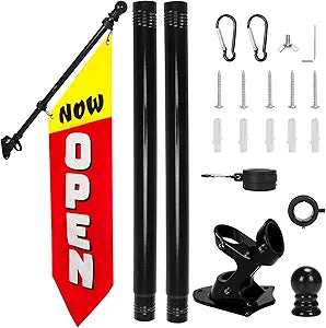 Now Open Flag with Pole Kit  42x12 Heavy-Duty Double-Sided Canvas Banner for Outdoor Business Storefront  Grand Opening Sign with Metal Bracket for Advertising & Retail Decor-white font