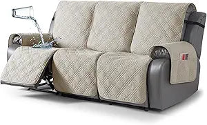 TAOCOCO 100% Waterproof Recliner Sofa Covers 3 Seater Split Couch Covers for 3 Cushion Reclining Couch with Straps, Non Slip Reclining Couch Covers Furniture Protector for Kids Pets(3 Seater, Cream)