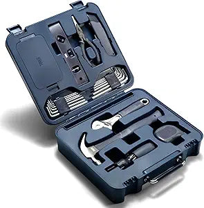 TINKR Modern Tool Box Workstation  Full Tool Set with Hammer, Ratchet Screwdriver, Allen Keys, Wrench, Knife, Tape Measure, Level, Pliers & Phone Holder